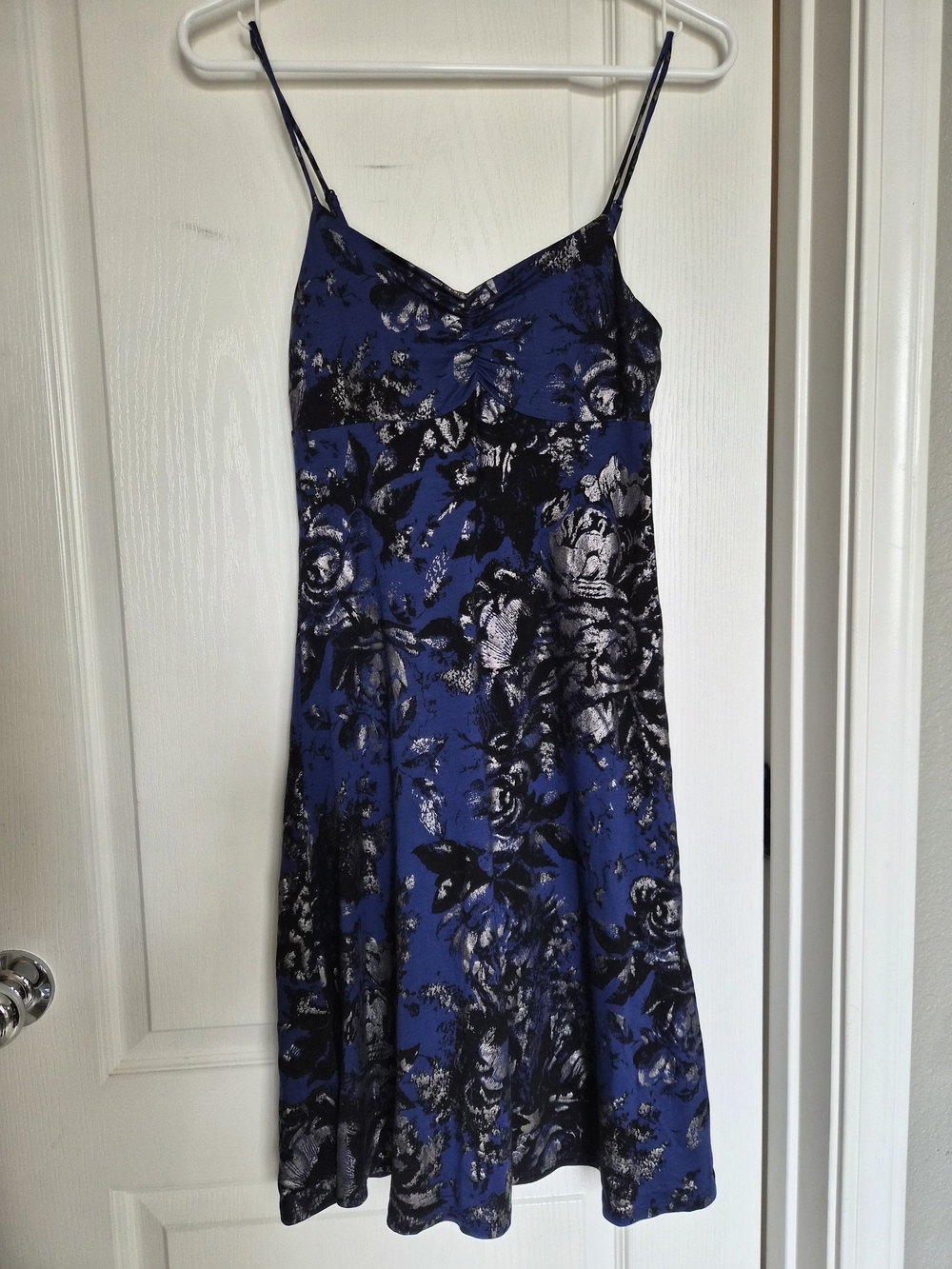 Express Blue Floral Slip Dress with Black and Silver Print